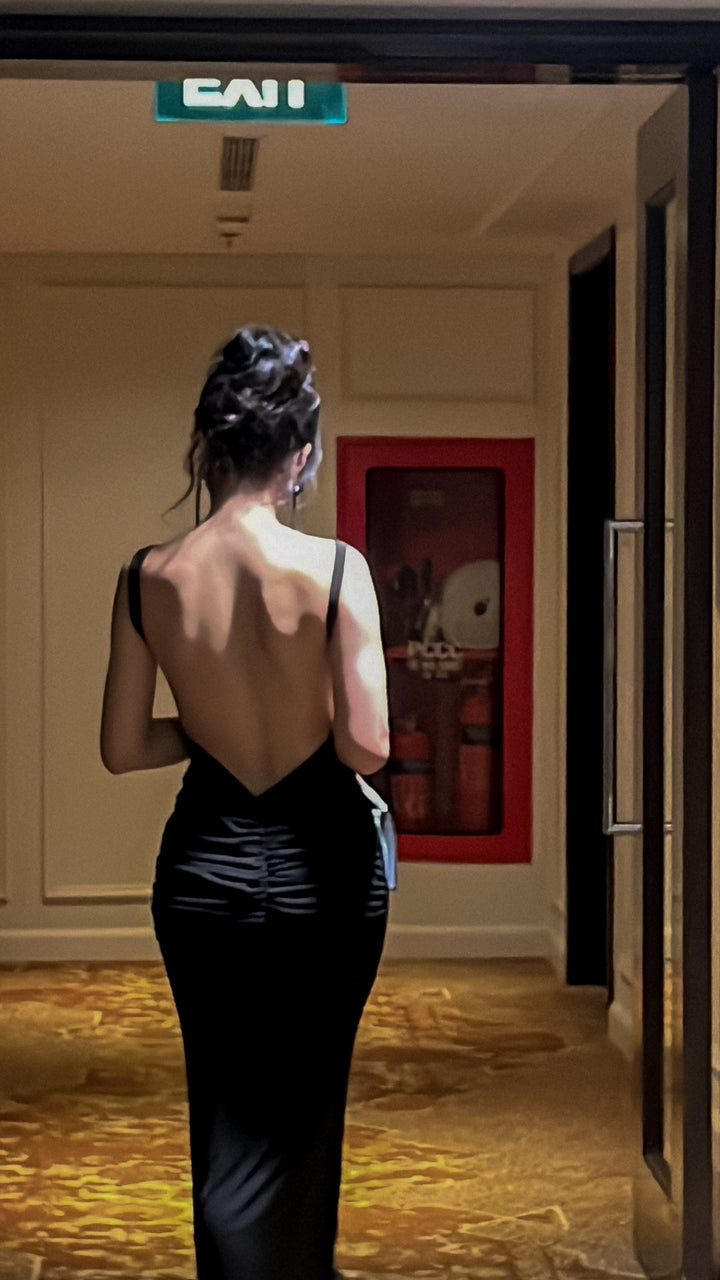 Midnight Backless Ruched Gown