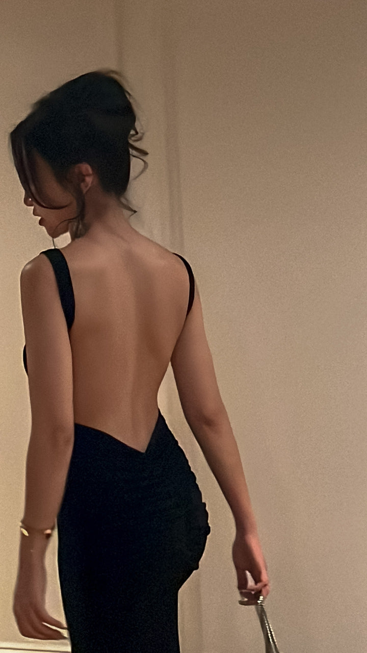 Midnight Backless Ruched Gown