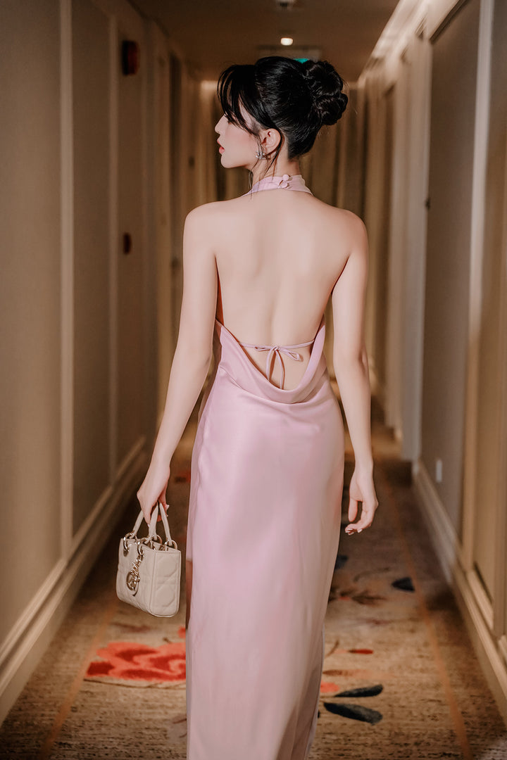 Blush Backless Gown with Tie Detail