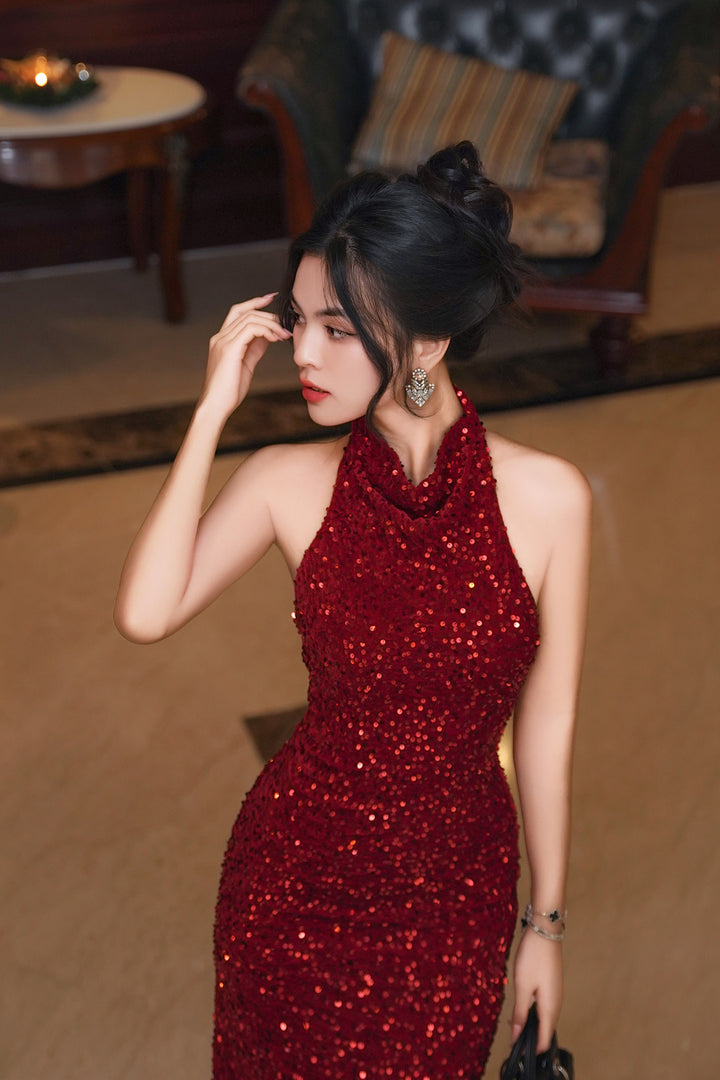 Ruby Sequinned Halter Trumpet Gown