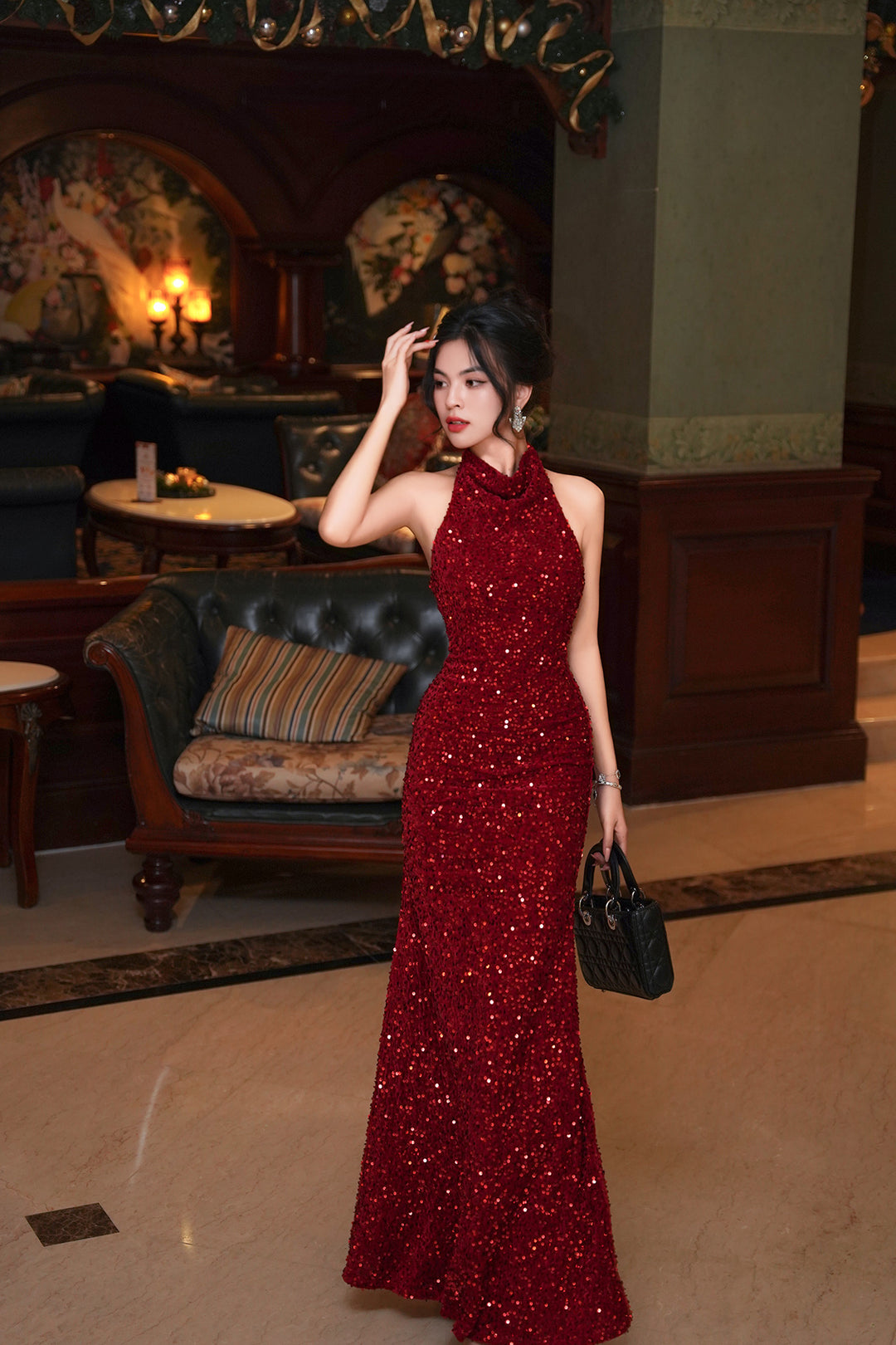 Ruby Sequinned Halter Trumpet Gown